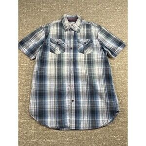 Thread & Cloth Button Front Shirt Men's  Medium M Plaid Short Sleeve Navy Blue